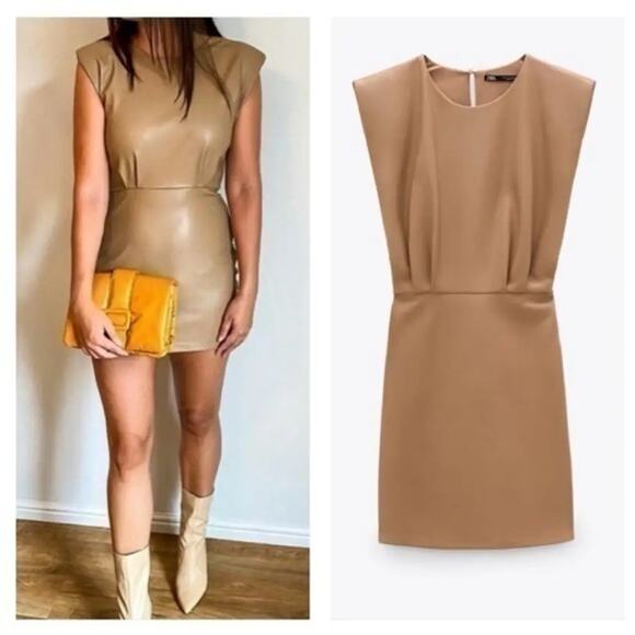 ZARA Faux Leather Shoulder Pads Sleeveles Tan Mini Dress Sz L Bloggers Favorite - Picture 7 of 16